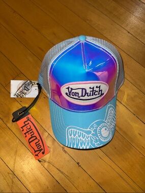 Von Dutch Iridescent Pink-Blue Front with Light Blue Bill Trucker Hat